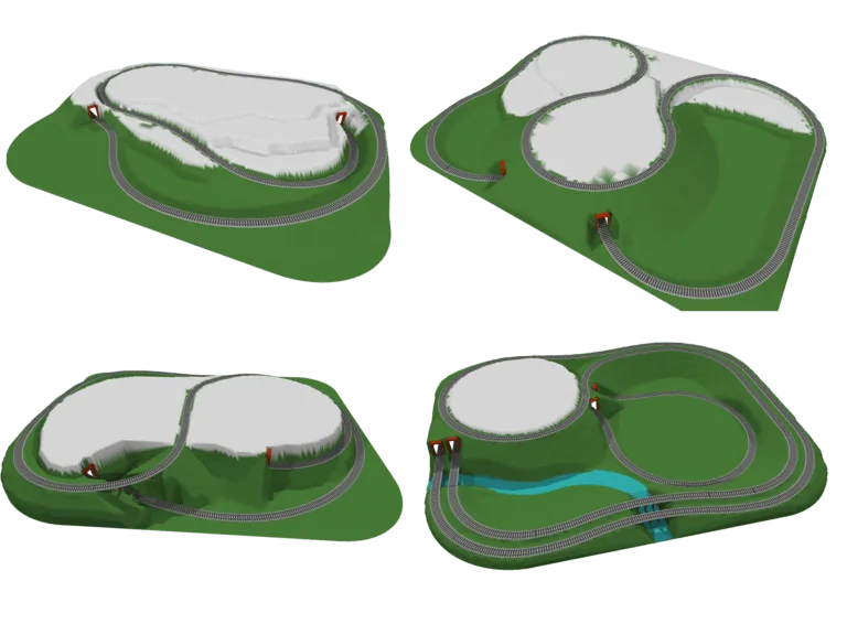 Plans 3D vue aérienne 4 maquettes ferroviaire