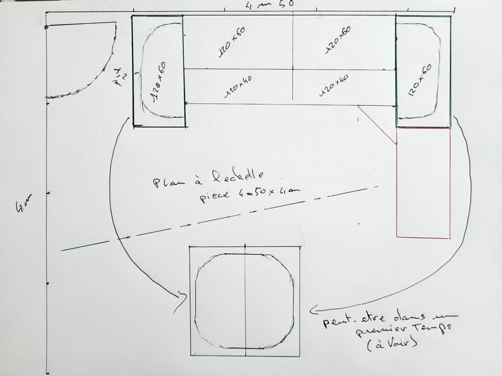 Plan architectural manuscrit chambre avec dimensions et table