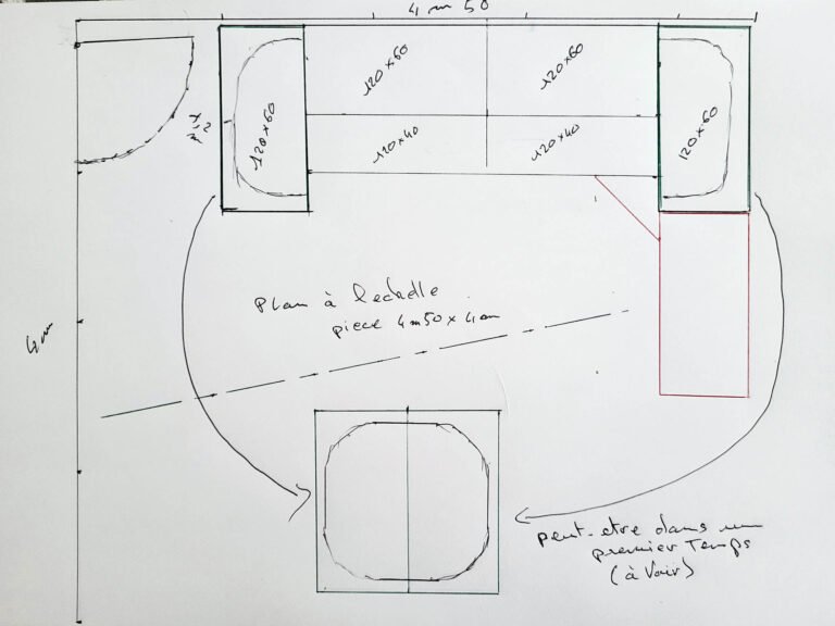 Plan architectural manuscrit chambre avec dimensions et table