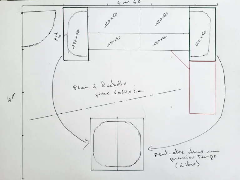 Plan architectural manuscrit chambre avec dimensions et table