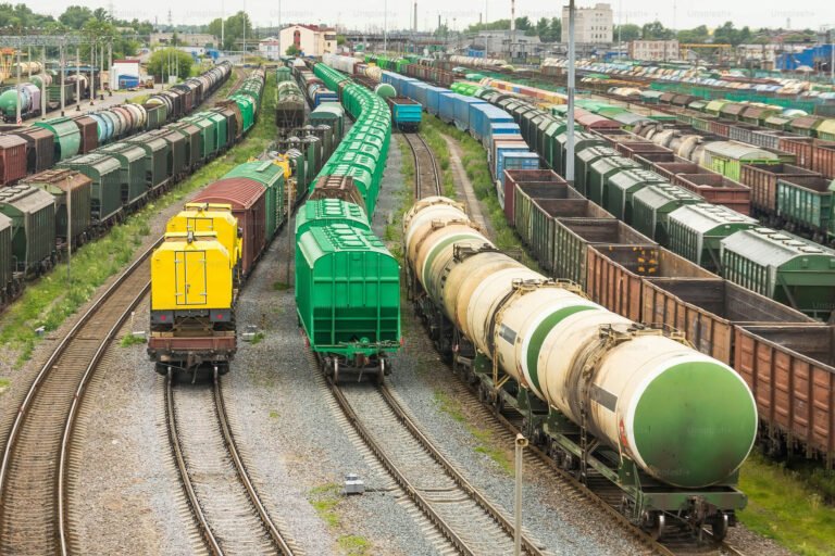Dépôt ferroviaire avec trains de marchandises colorés alignés