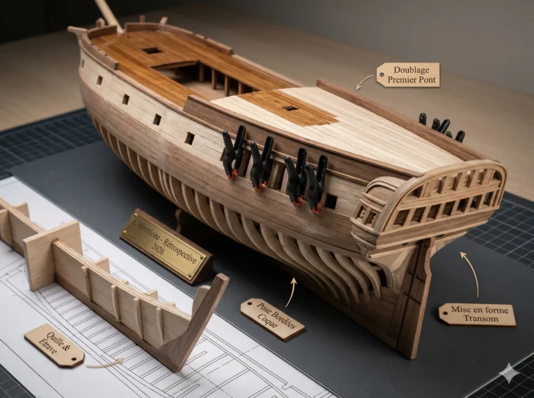 Maquette bateau bois détaillée avec pièces annotées