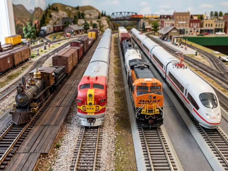 Maquette trains miniatures gare avec locomotives vapeur et modernes