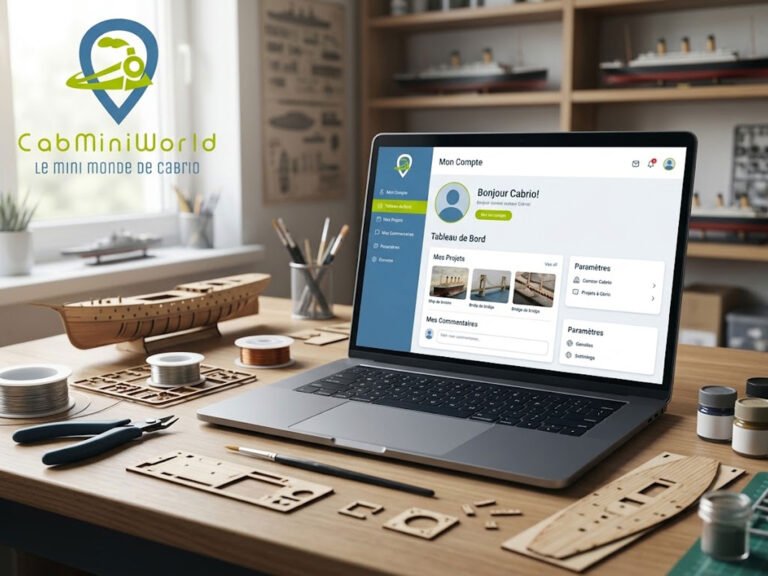 Interface CabMiniWorld affichée sur laptop avec maquettes navires